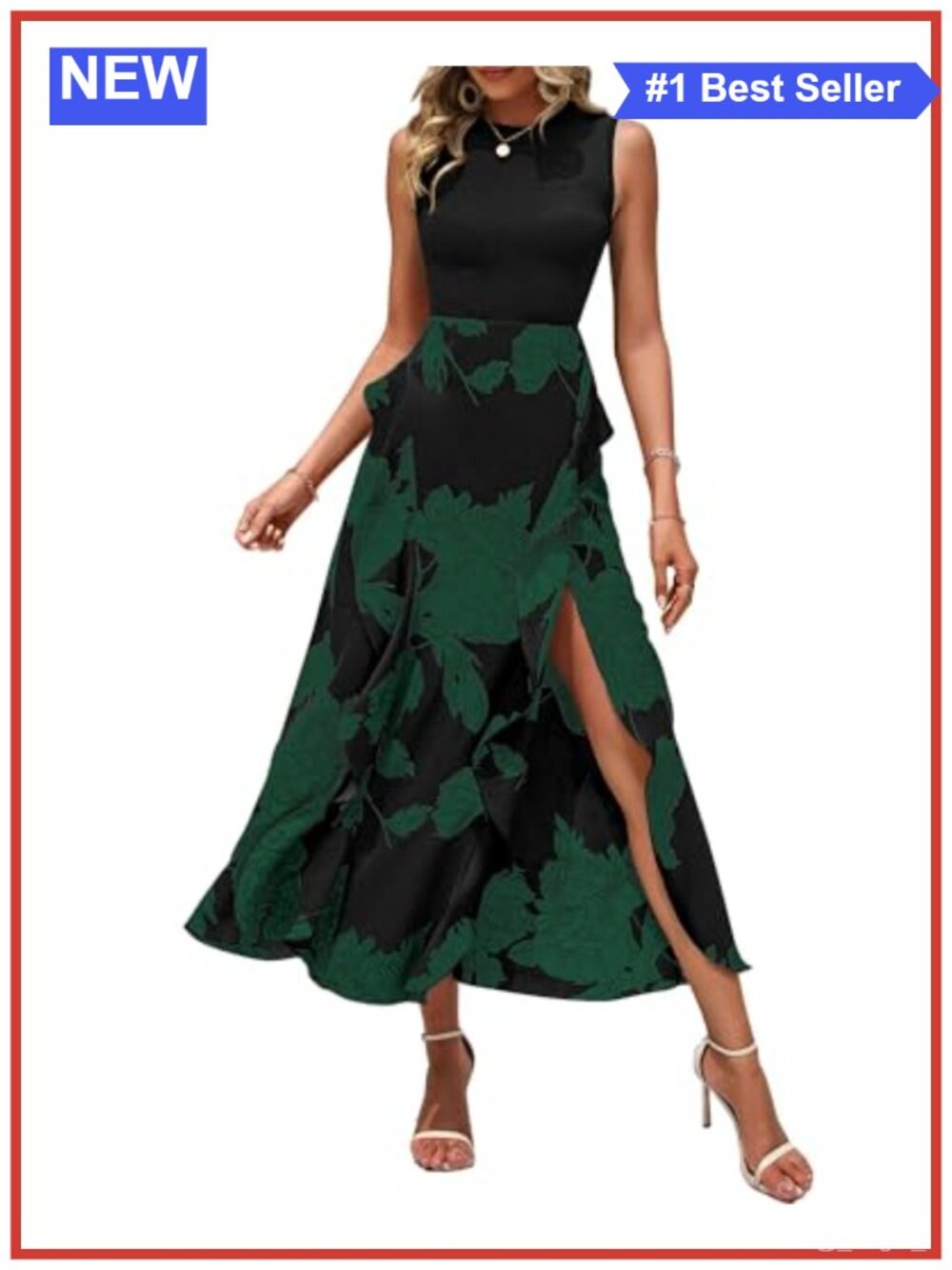 Sleeveless Floral Midi Dress Women Wedding Guest A-Line Ruffle
